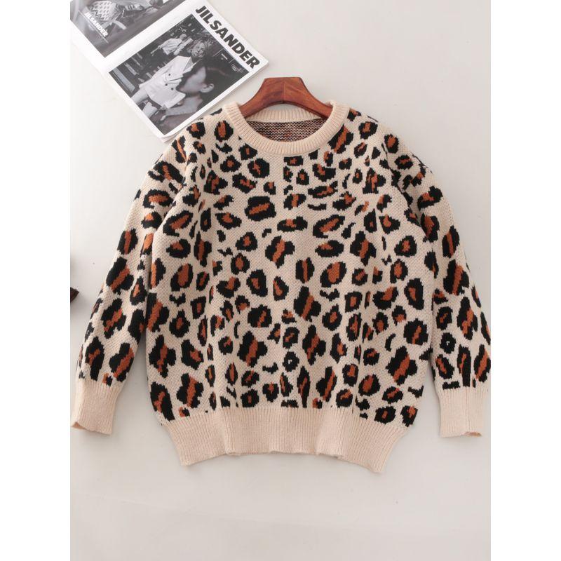 Export round Neck Leopard Print Long Sleeve Knitwear Women's Fall and Winter New Arrival Loose Thick Bottoming Shirt Tops