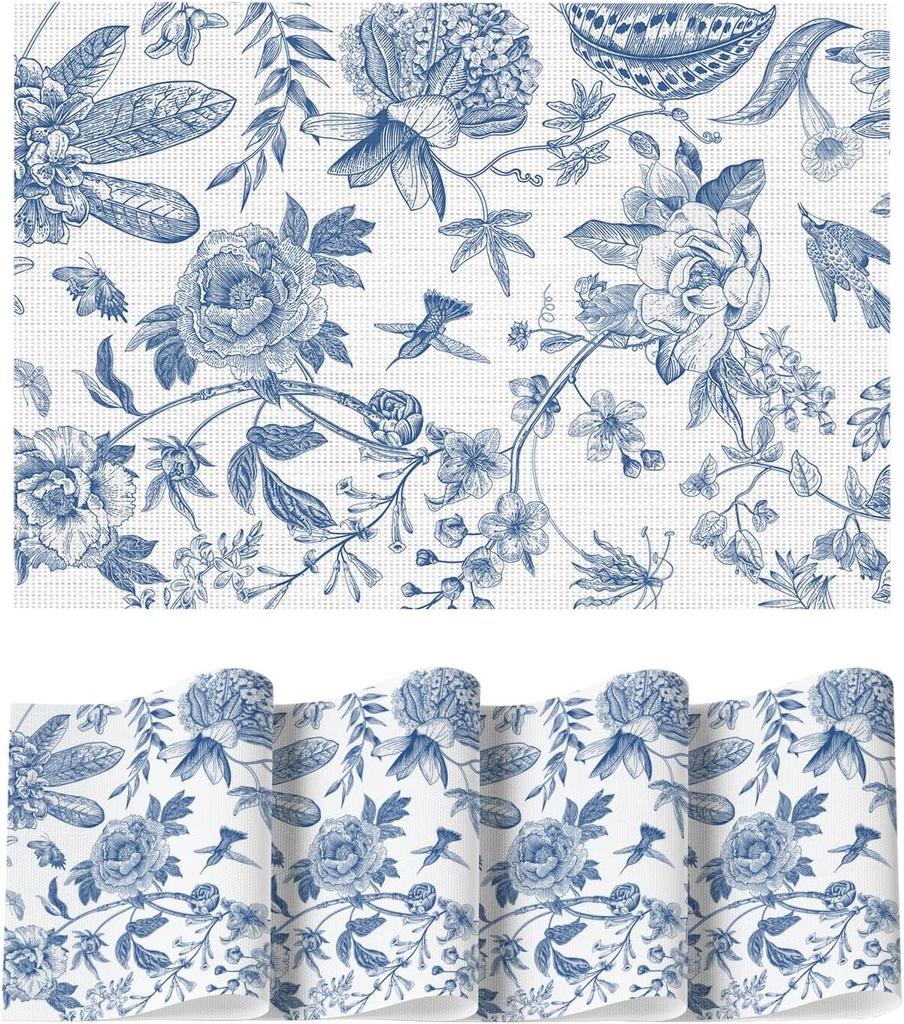 Blaues Blumenmuster Vögel Frühling Vinyl Tischsets Set of 4, Waschbar Hitzebeständig Rutschfest Gewebter Kunststoff PVC Platzsets