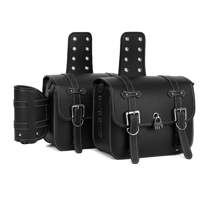 Double Leather Motorcycle Seat Bags of with Drink and Combination Small Item and Black (Set 2) Holder, Key, Lock, Storage, Waterproof, Anti-Theft,