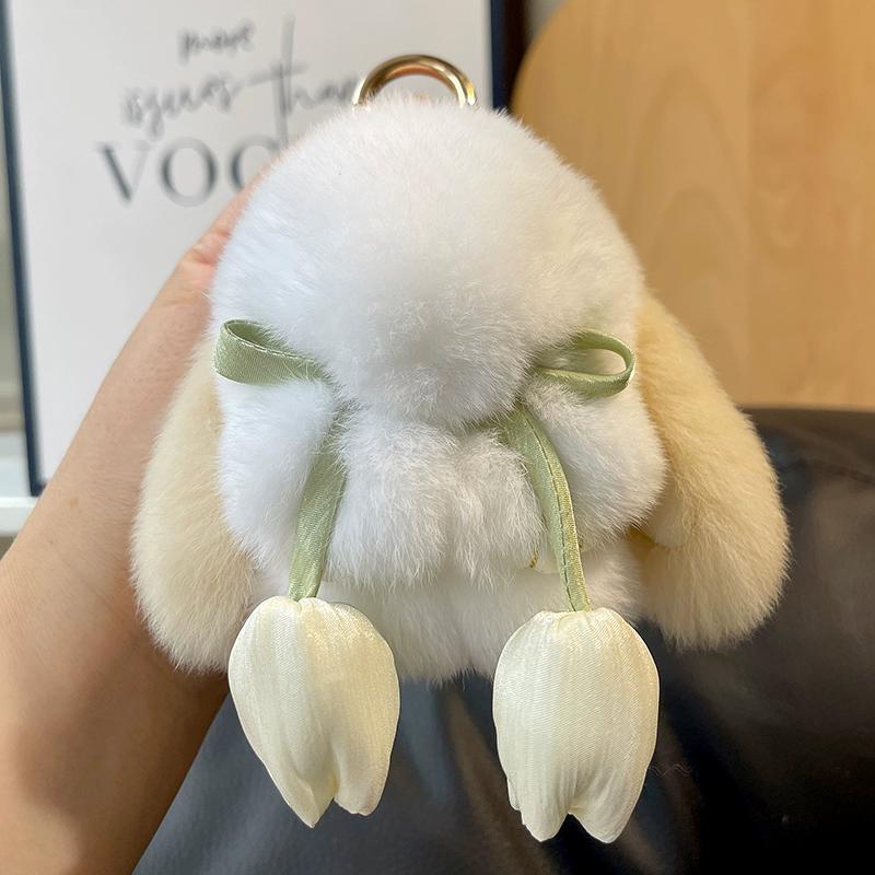 Real Rex Rabbit Hair Rabbit Tulip Keychain Pendant Cute Dead Rabbit Plush Doll Bag Pendant Gift