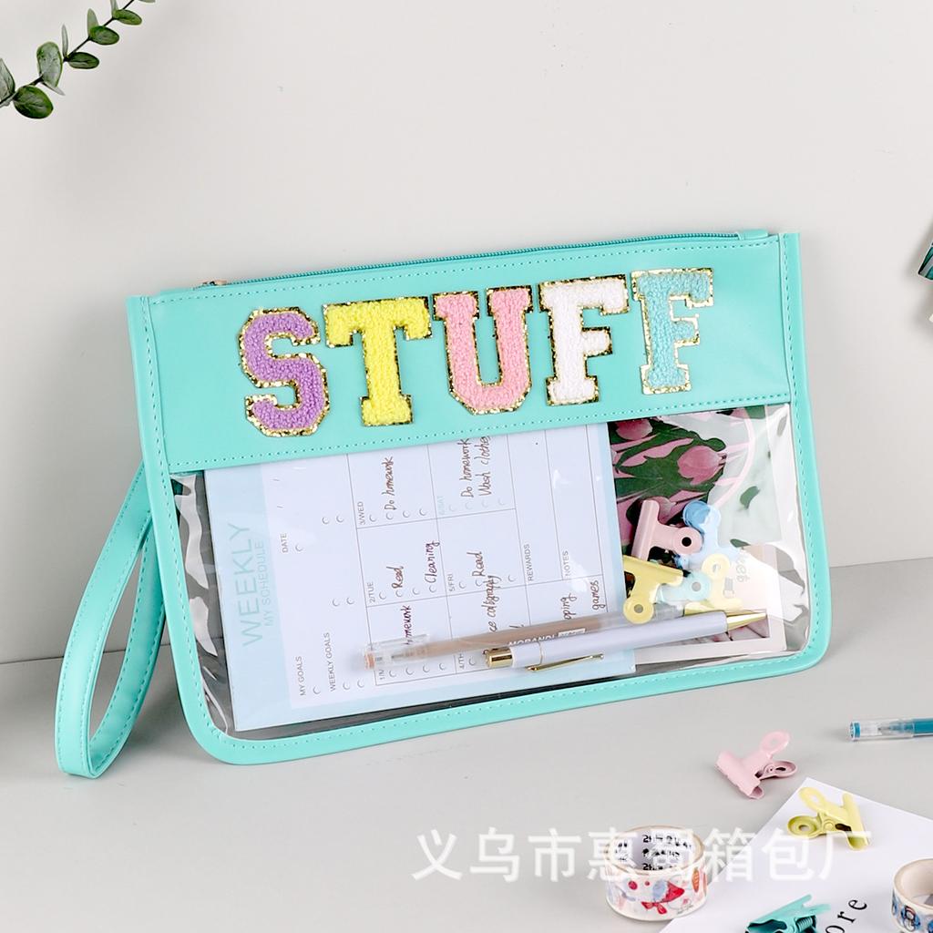 Transparent Letter Makeup Bag Large Capacity Storage Bag PVC Waterproof Cosmetic Bag Embroidery Splicing Household Storage