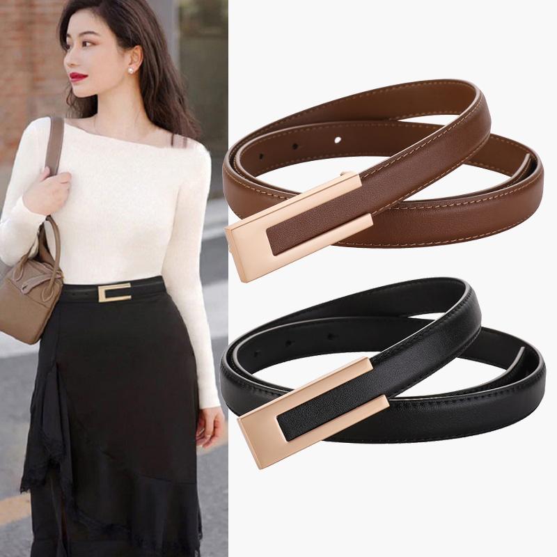 Fashion Leather Slim Waist Women's Matching Dress Suit and Jeans Black Belt Luxury Metal Buckle Soft Cowhide Belt