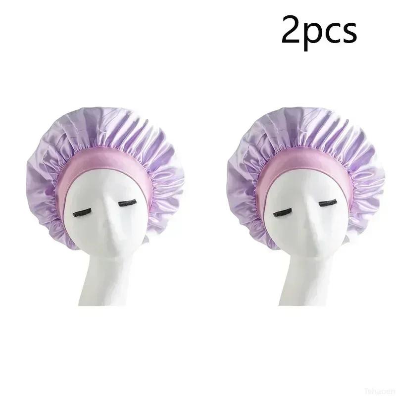 Women Night Sleep Hair Caps Silky Bonnet Satin Double Layer Adjust Head Cover Hat Shower Cap for Curly Hair Styling Accessories