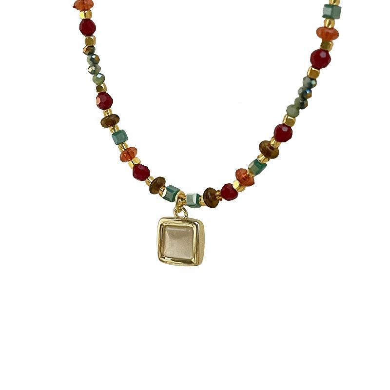 Color beaded opal pendant necklace women's new Chinese light luxury collarbone chain retro match