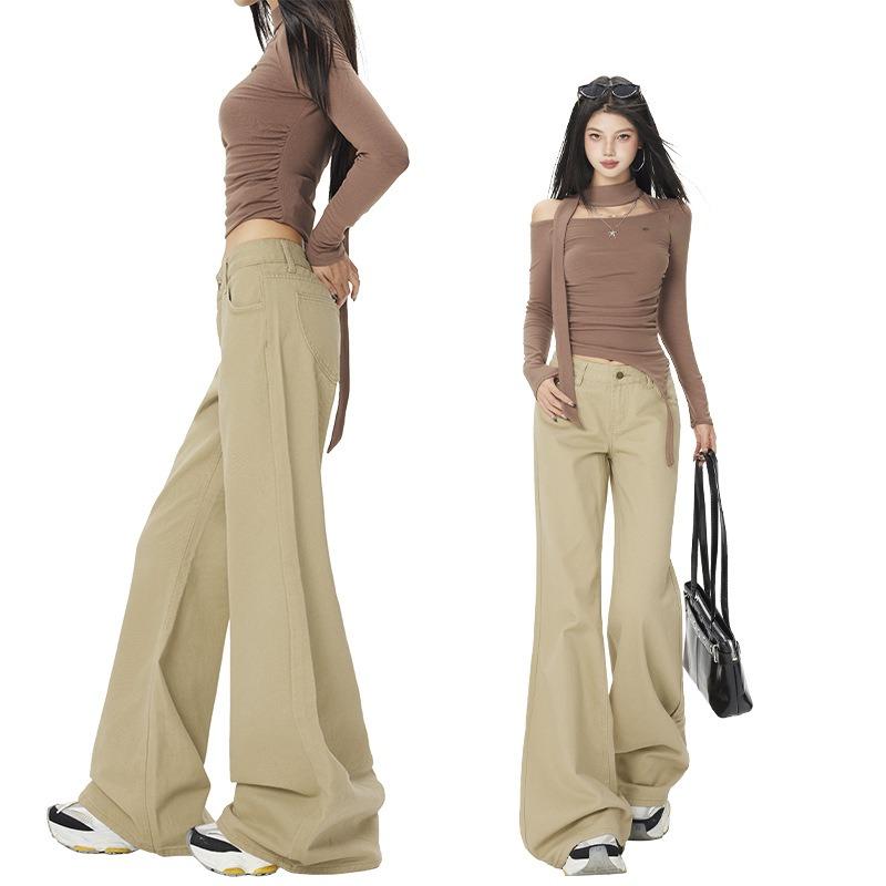 Three length khaki slightly pulled non-stick leg jeans women's retro low-waisted narrow version thin trousers