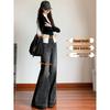 Women's Black Frayed Micro Flare Bell Bottom Jeans - High Waist, Wide Leg, Floor Length for Spring/Autumn