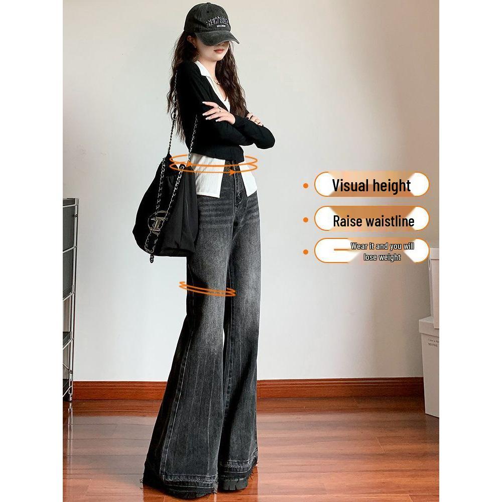 Women's Black Frayed Micro Flare Bell Bottom Jeans - High Waist, Wide Leg, Floor Length for Spring/Autumn