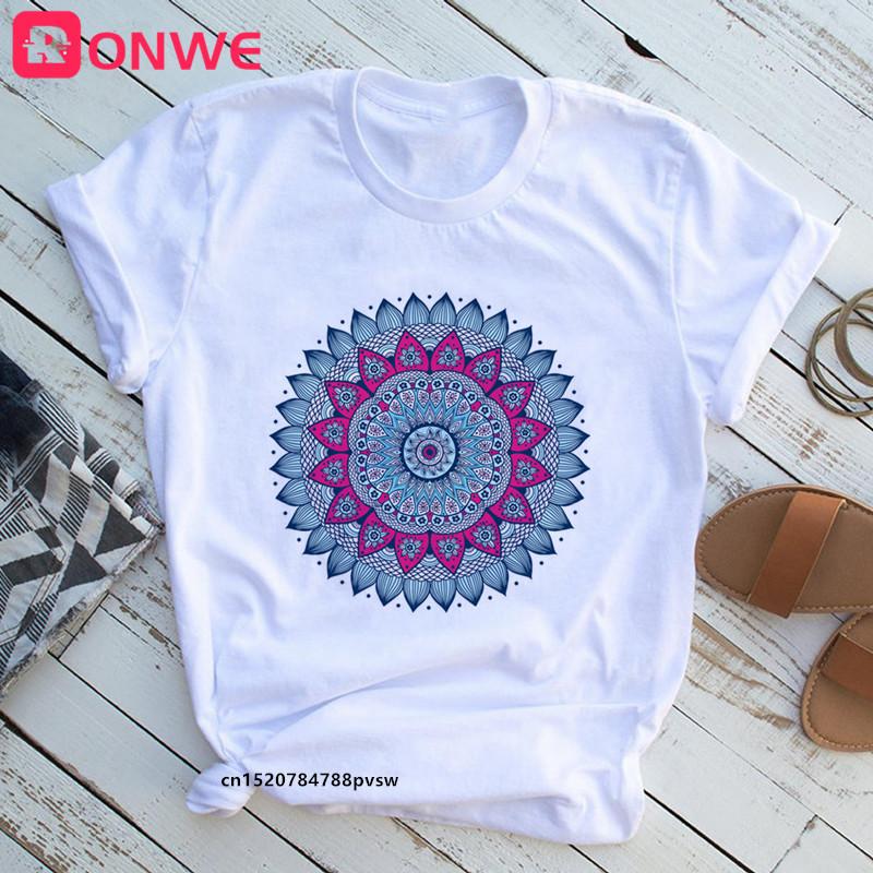Mandala Flowers Stripes Thermo Funny Women T Shirt Girl Summer 90S Print Tops Tee Drop Ship