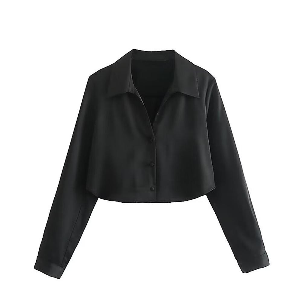 

2024 осень новый продукт женская мода и повседневная универсальная рубашка поло с длинными рукавами шелковая текстура короткая рубашка S чёрный