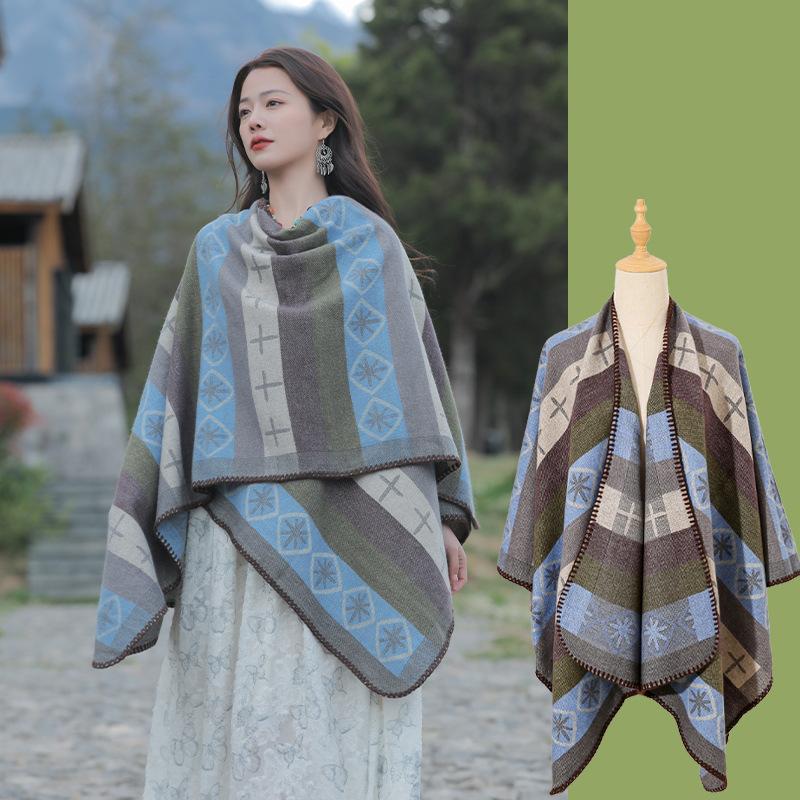 Autumn Winter Preppy Style Scarf Women Layers Poncho Warm Elegant Striped Print Scarve Capa Para Mujer Pashmina Cloak Wrap Shawl