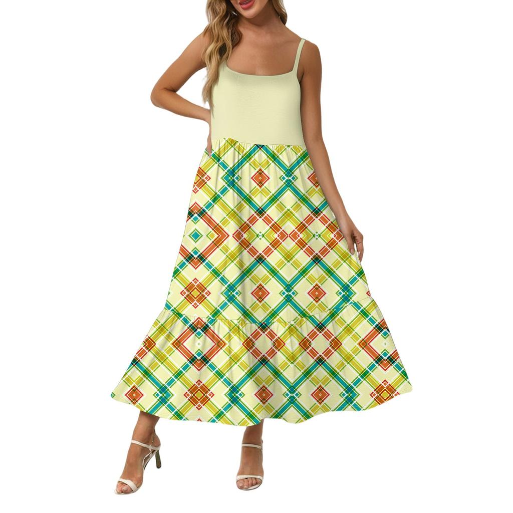 Women's Long Beach Casual Elegant Spaghetti Strap Maxi Dress Plaid Print Low-key Flowing Bohemian Dress