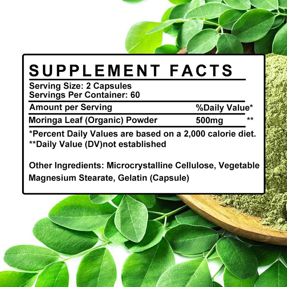 Bio-Moringa-Kapseln, reich an Vitaminen und Antioxidantien, helfen bei der Entgiftung und steigern die Energie 120 Kapseln