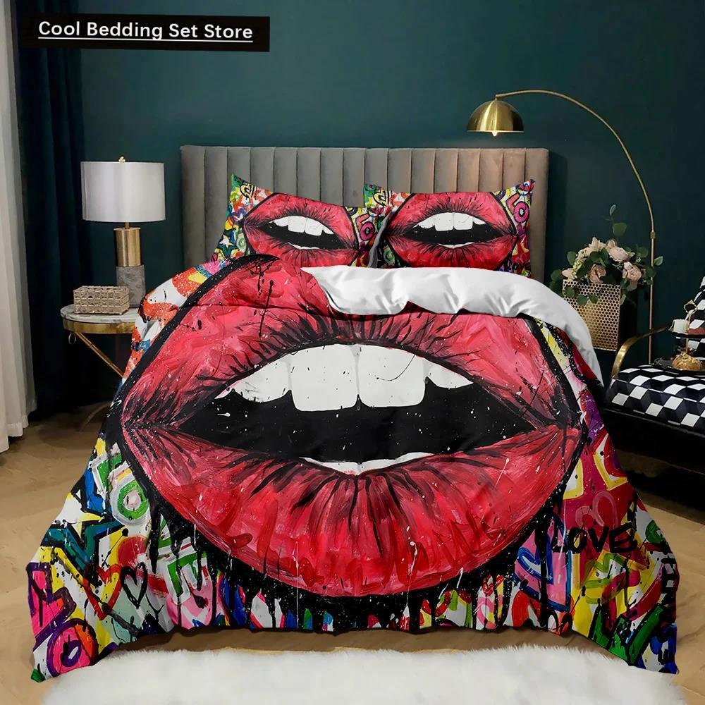 Juego de Funda Nórdica para Labios Juego de Cama de Labios Dorados Sexy Pareja Adulta Individual Doble Queen King Size Cubierta de Edredón de Poliéster con Marcas de Besos 3D