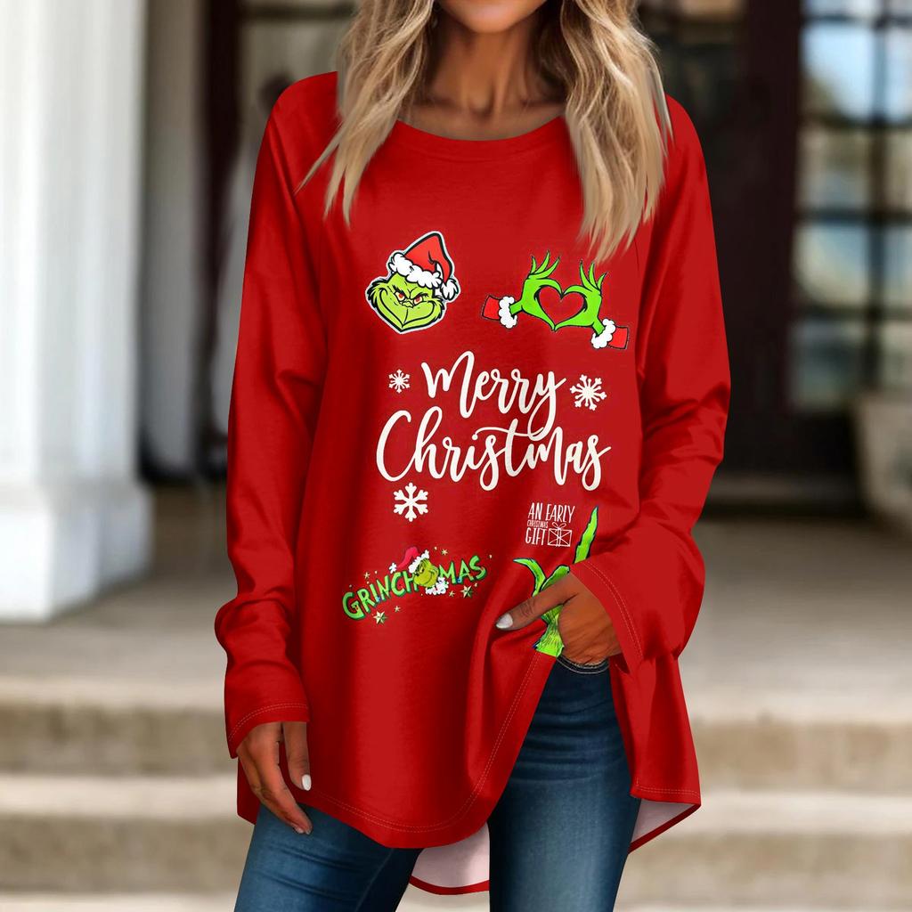 Damen Weihnachtsdruck Langarmshirt Rundhals Pullover T-Shirt Top Pullover