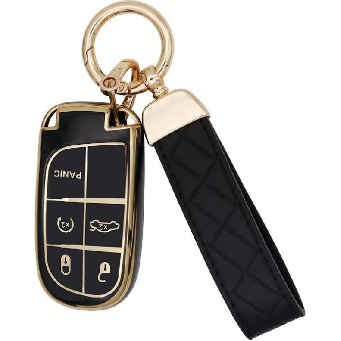 SUNCARACCL for Jeep Key Fob Cover with Leather Keychain, Soft TPU Full Cover Protection Key Case for Grand Cherokee Renegade Dodge Durango Challenger