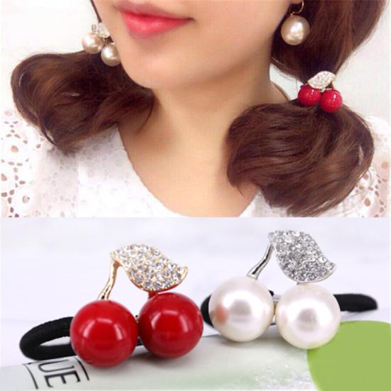 Shiny Rhinestone Leaf Cherry Elastic Hair Rubber Band Girl Ponytail Holder Rope