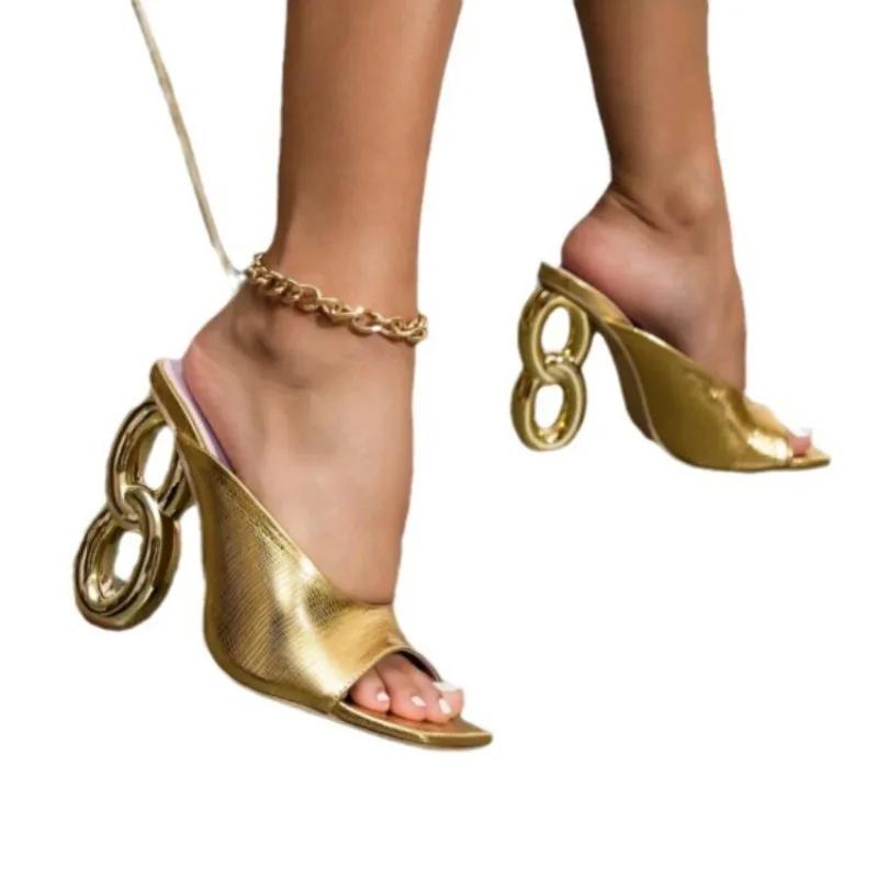 Fashion European and American High Heels Women's 2024 Summer New Versatile Square Toe Temperament Sexy Alien Heel Fashion Slippers Women