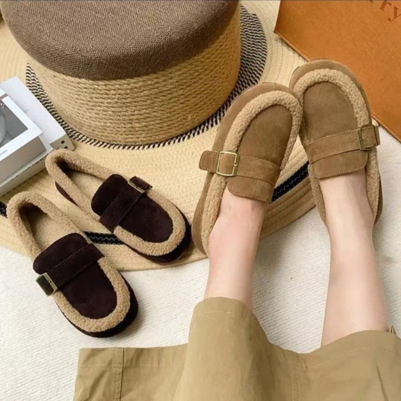 Wearing warm women's new flat-bottomed Doudou shoes, winter velvet and one pedal, retro thick cotton shoes for women