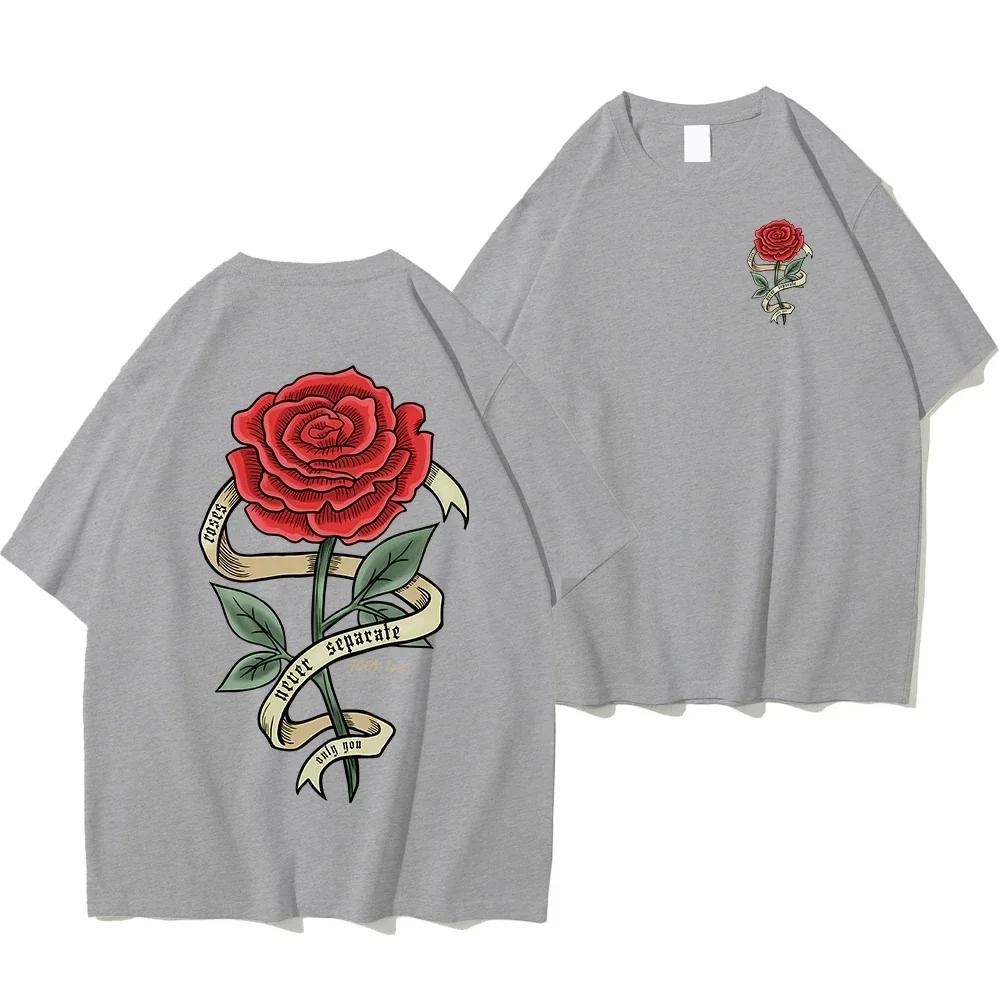 Red Roses Wrapped In Ribbons Print Clothes Men Cotton Breathable Tee Clothes Unisex Oversized Casual Loose T-Shirts Short Sleeve