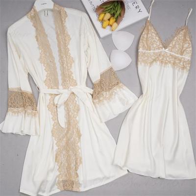 Frühling Sommer Damen Nachtwäsche Kimono Bademantel Kleid Weiß Spitze Hochzeit Robe Set Nachthemd Lose Satin Home Dress Lounge Wear