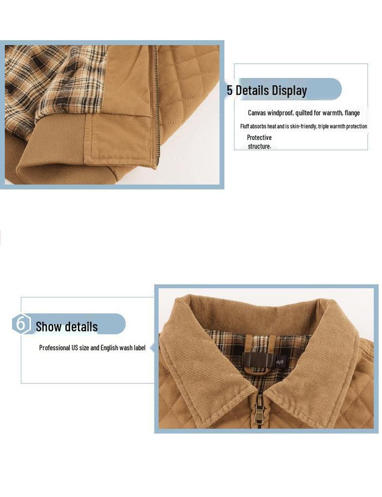 Męska pikowana kurtka z bawełnianego płótna, rozmiar amerykański, pogrubiona ciepłym flanelą