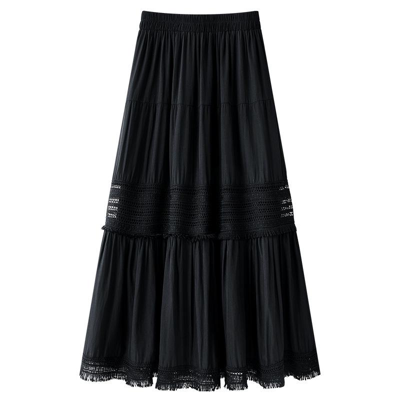 

Женская миди-юбка А-силуэта с высокой талией, черным кружевом - Весна/Лето 2025, стройнящая, пышная, ярусная, расклешенная One Size чёрный