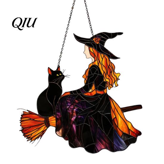 High Definition Printed Acrylic Vintage Halloween Cat Witch Decoration, Window Hanging Ornaments, Colorful Decoration Rustic Farmhouse Tree