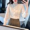 Herbstmode Neu 2024 Langarm Stehkragen Aprikosenfarbene Spitze Chiffon Bluse Hemd Damen Oberteile Blusen Hemden J472