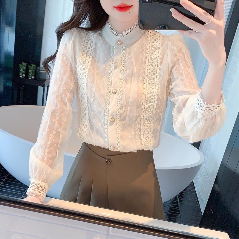 Herbstmode Neu 2024 Langarm Stehkragen Aprikosenfarbene Spitze Chiffon Bluse Hemd Damen Oberteile Blusen Hemden J472