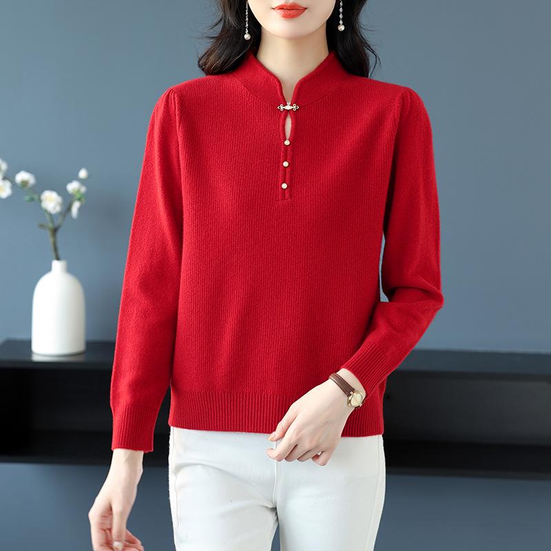 Women's Pure Wool Stand Collar Sweater - Autumn/Winter Loose Slimming Knit Cheongsam Base Layer