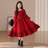 Girls Long Sleeve Dress Red Vintage Square Neck Princess Style Kids Clothing