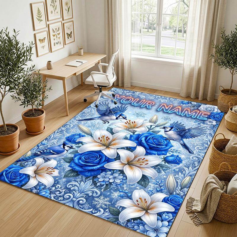 Floral Garden Theme Crystal Velvet Rug Personalized Custom Name Text Soft Floor Mat Home Decor
