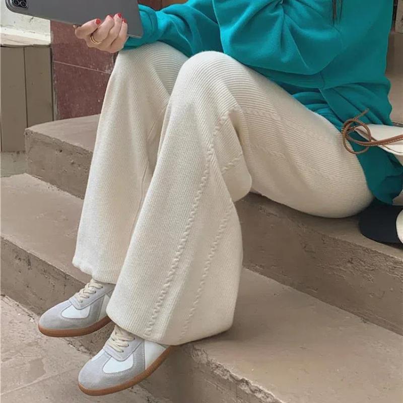Women’s Solid Fashion Slim Thicken Knit Pants High Waist Casual Stylish Straight Trousers for Lady Soft Comfortable Versatile Warm Loose Knit Pants