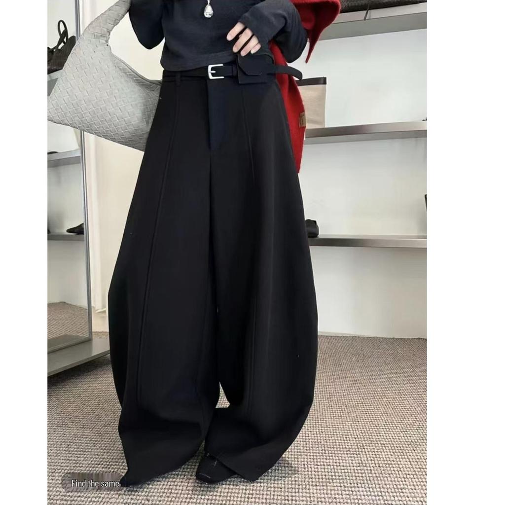 Endorsed by Xiao Yang (158cm) - Women's Woolen High Waist Cropped Wide-Leg Pants, Plush Thickened, 2025 Winter Collection.