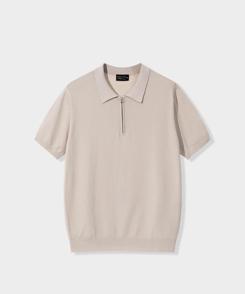 AGOD Washable Half-Zip Collared Short-Sleeve Knit [Beige]