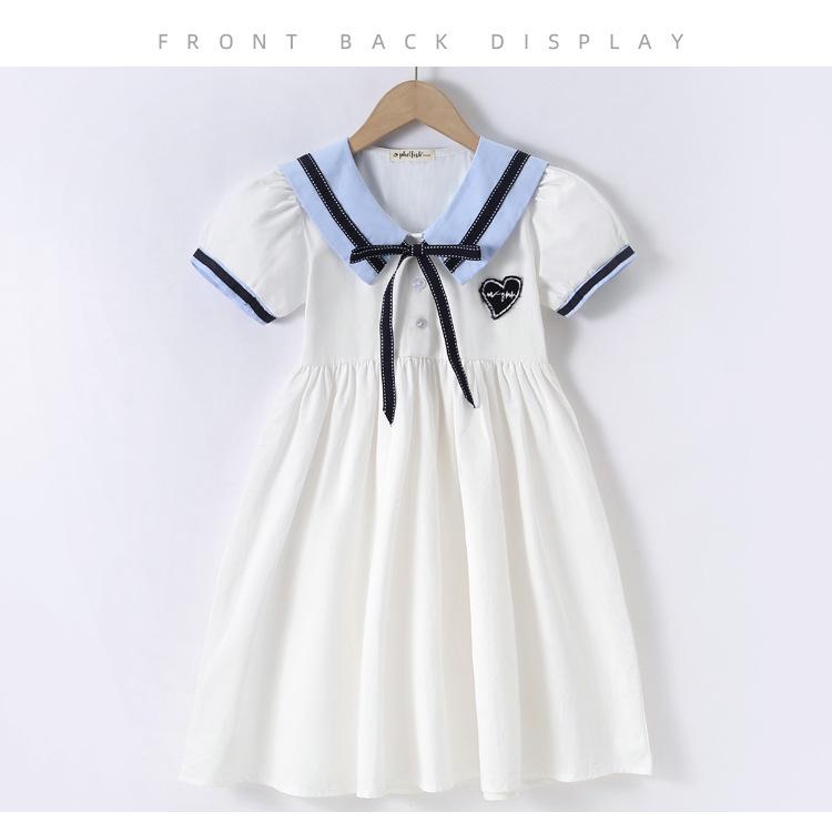Girls' Cotton Short-Sleeve College Style Dress with Turn-Down Collar – White, Summer 2025