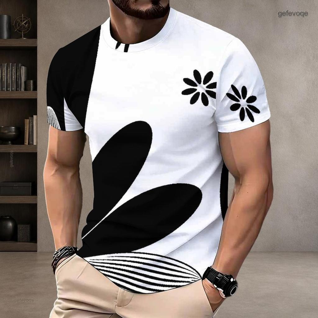 Men Plus Size Round Neck Short Sleeve T Shirt Black White Swirl Stripe Printed Pullover Straight Hem