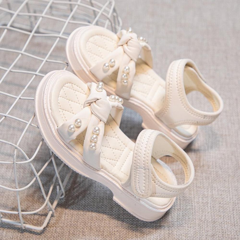 

Girls Pearl Decorated Non Slip Beach Sandals Summer Stylish Princess Kids Soft Sole Breathable Outdoor Water Shoes Size 31 слонова кістка