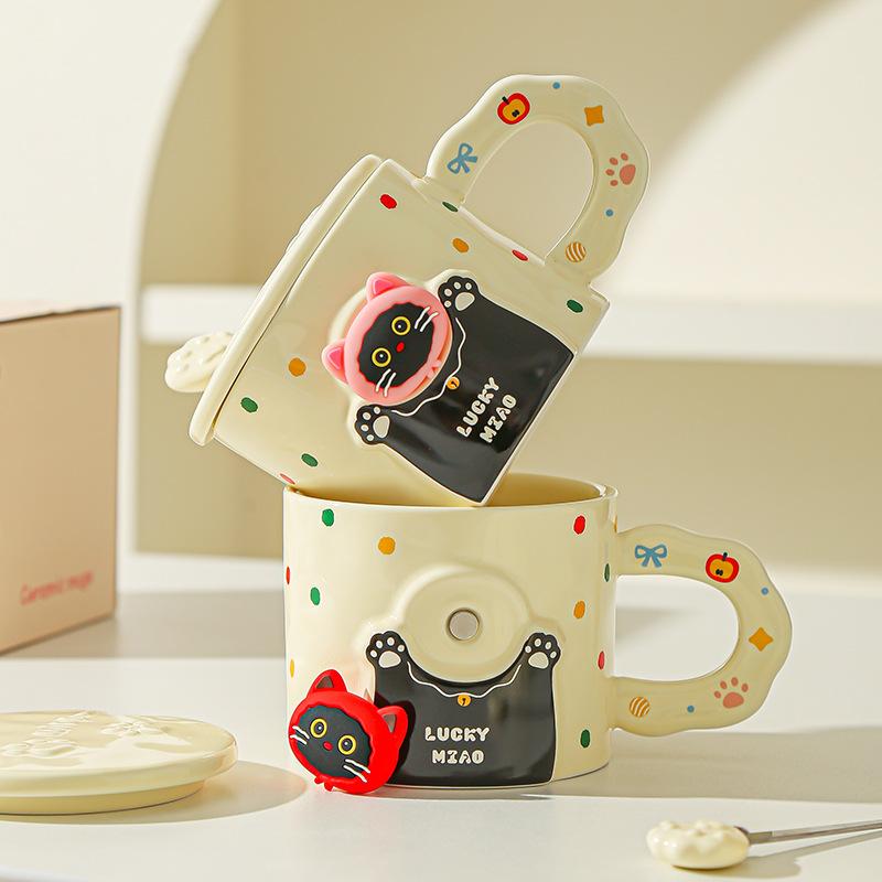 Cute cat ceramic mug with lid spoon coffee water cup couple cup with gift high value