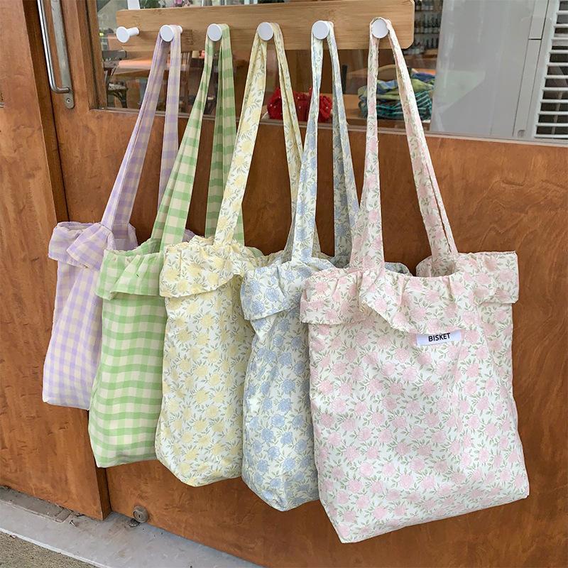 Summer Floral Plaid Ruffles Women Shoulder Bags Retro Flower Ladies Shopping Bag Handbags Commute Light Portable Girls Book Tote