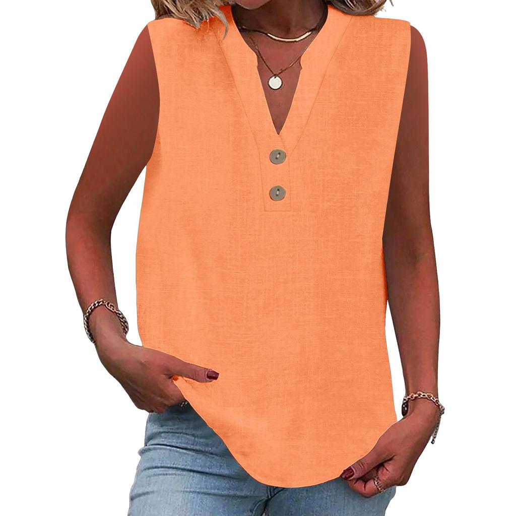 Women's Fashion Loose Standing Collar Button Cotton T-Shirt Solid Color Sleeveless Top