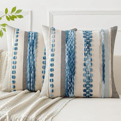 Blue Boho Throw Pillow Covers 18x18 Inch Decorative Cushion Cases Multicolor Striped Chenille Pillow Covers Accent Pillowcase