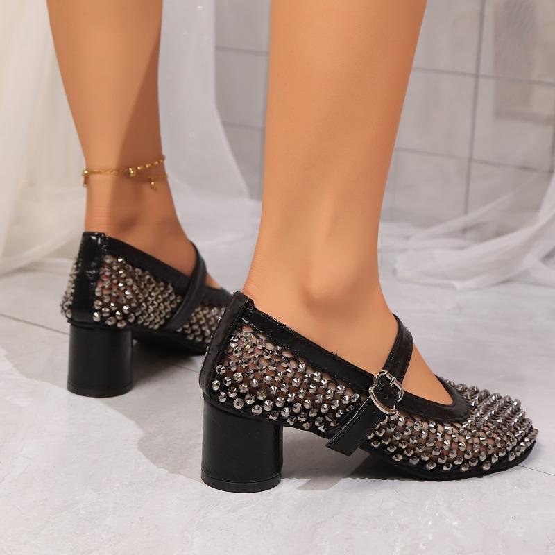 Fashion Summer New Rhinestone Mesh Heels Women's Square Toe Shallow Mouth Cutout Breathable Non-Slip Mary Jane Single
