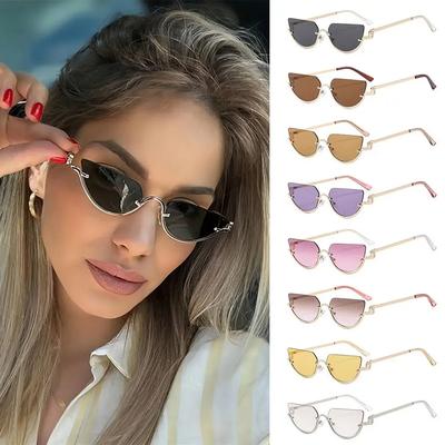 Lunettes de Soleil Tendance Cat Eye pour Femmes Monture Métal Hip Hop Demi-Monture Lunettes de Soleil Ovales Petits Verres Étroits Vintage Pour Femmes et Hommes Uv400