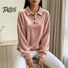 Damen Pullover Hemd Damen Samt Hemd, 3-Knopf Kragen Casual Bluse, Einfarbige Tägliche Kleidung Locker Langarm Oberteil für die Arbeit Atmungsaktive Bluse