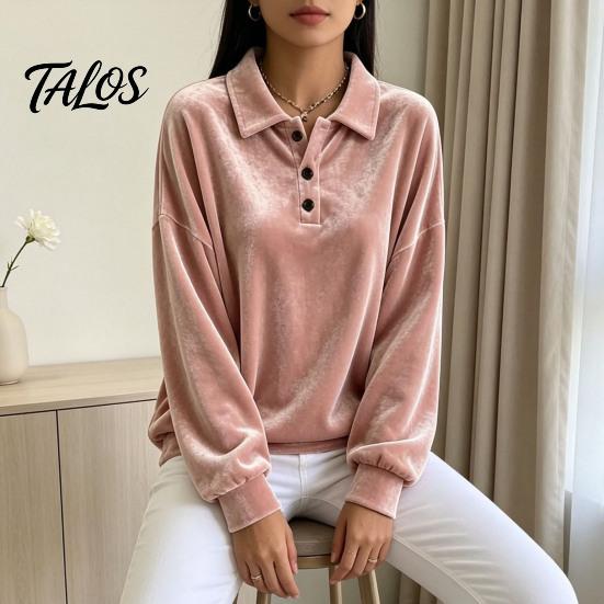 Damen Pullover Hemd Damen Samt Hemd, 3-Knopf Kragen Casual Bluse, Einfarbige Tägliche Kleidung Locker Langarm Oberteil für die Arbeit Atmungsaktive Bluse