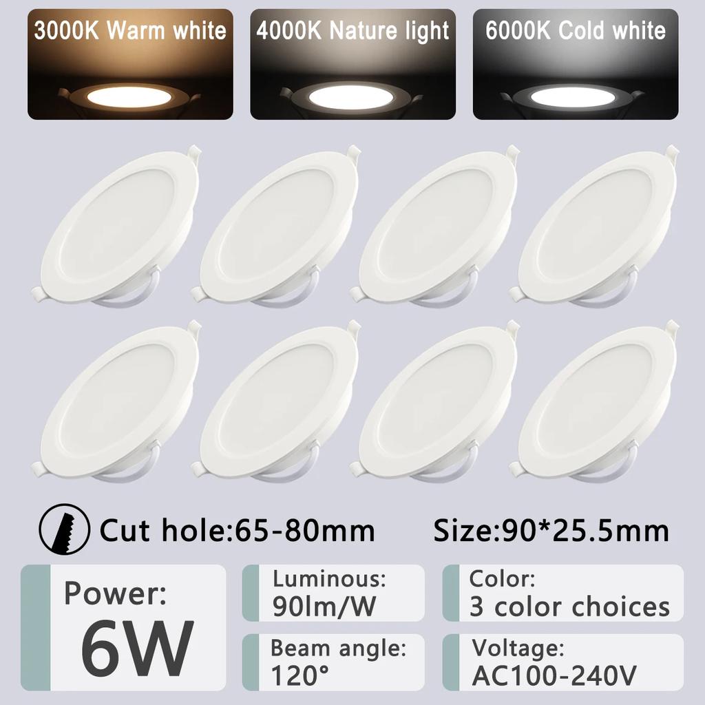 8Pack Recessed Led Downlight 3 4 5 6 8 Inch 3000K 4000K 6000K Round Led Panel Light 110V 220V 230V for Home Indoor Lighting