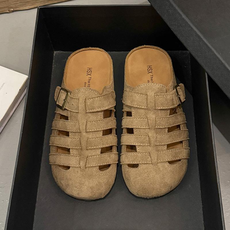 Baotou half slippers women's summer outer wear 2025 new retro woven hollow breathable comfortable flat bottom lazy sandals