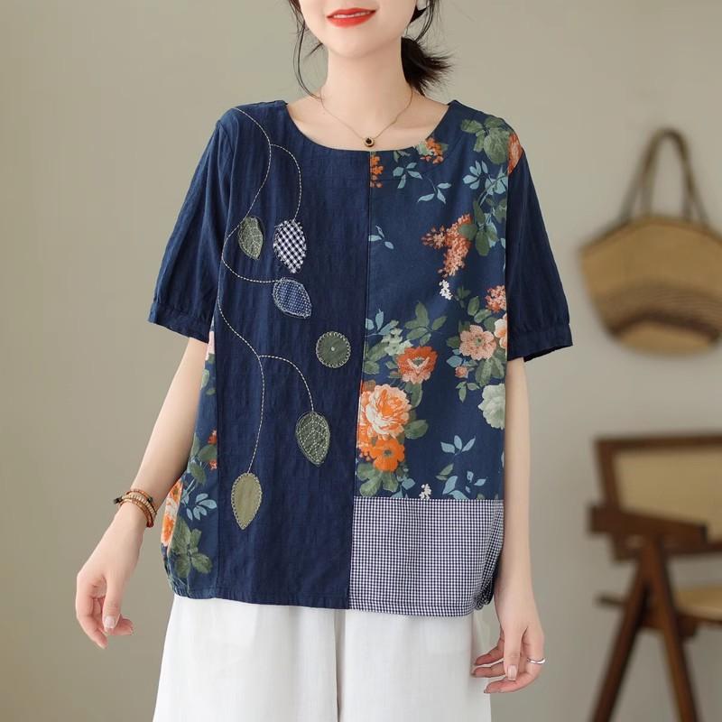 Summer Women T Shirts Floral Print Linen Shirt Plus Size Loose Casual Tops Elegant Sleeve Patchwork Tees 91688