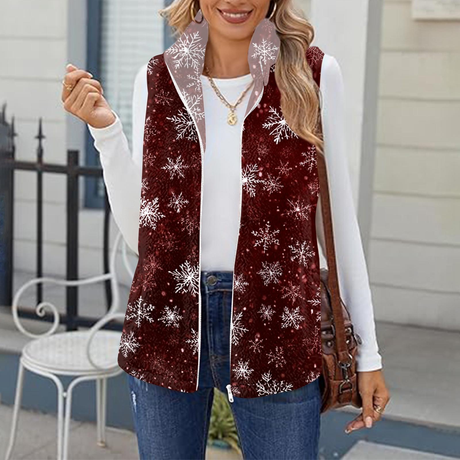 

Женский зимний модный и теплый флисовый кардиган-жилет с принтом снежинок XL винный